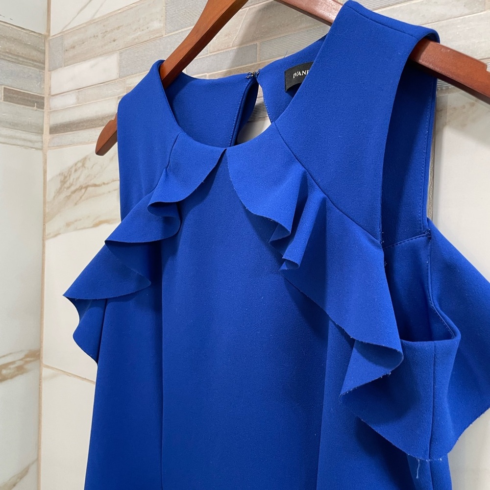 Ivanka Trump Royal Blue Ruffle Cold Shoulder Midi Dress • Size 8 cocktail - Picture 4 of 12